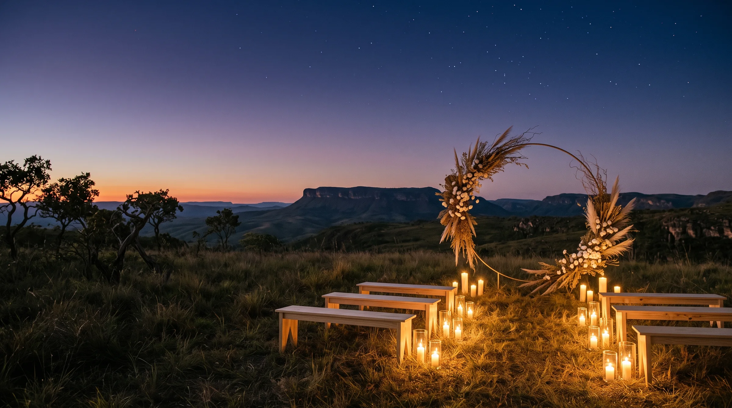 Arco dourado com flores secas do cerrado, bancos e lanternas acesas na Chapada, logo depois do pôr do sol